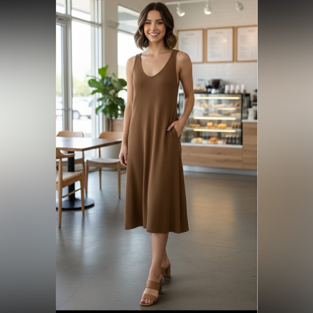 Vince Tan Ribbed cotton blend V Neck Dress size XL
